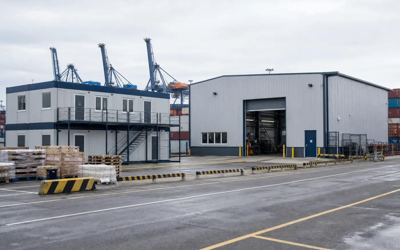 Temporary modular offices and warehouse facilities supporting port operations